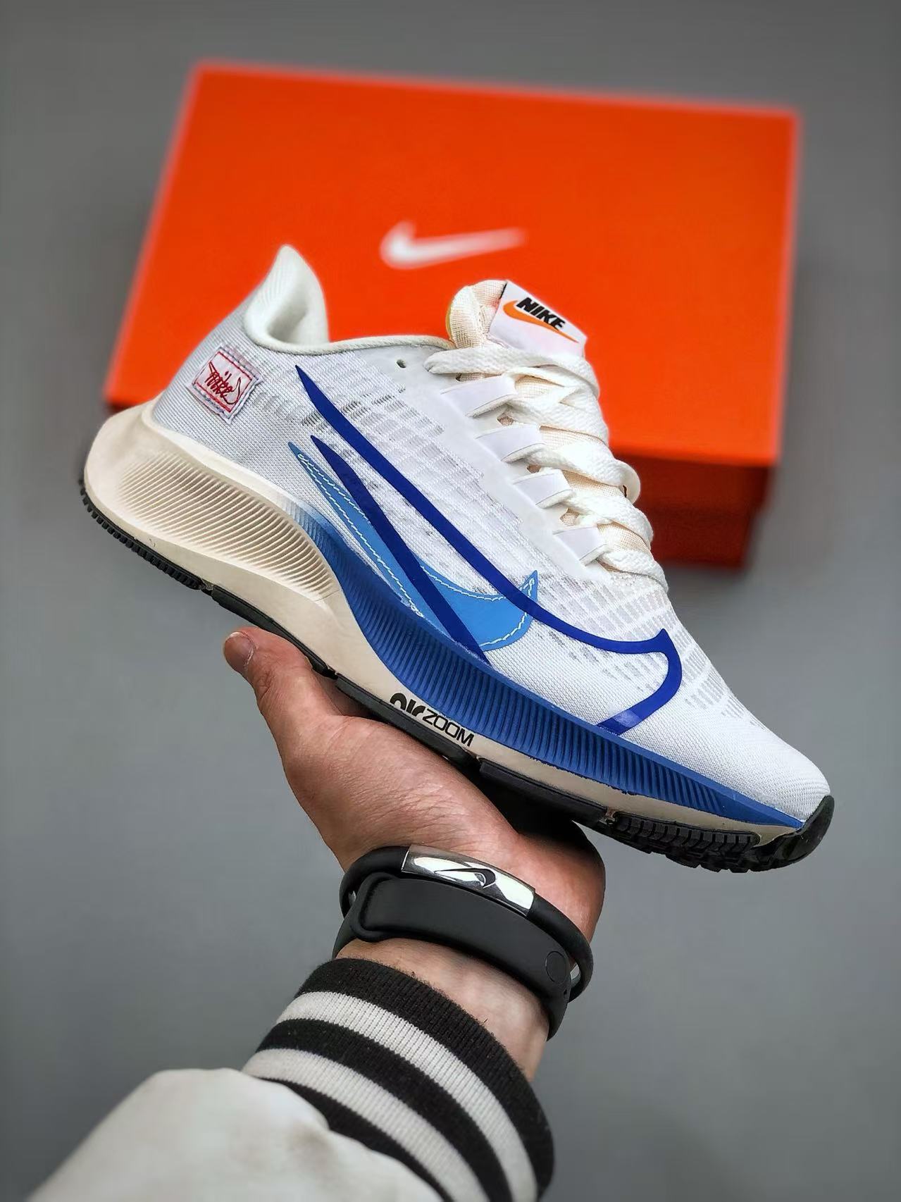 Nike Zoom Pegasus 37 in White/Blue with Double Swoosh: Aerial Duplex