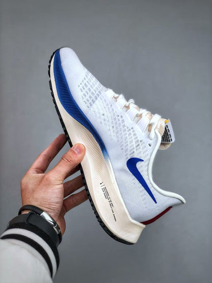 Nike Zoom Pegasus 37 in White/Blue with Double Swoosh: Aerial Duplex