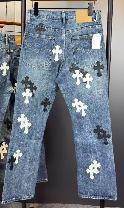 CHROME HEARTS WHITE BLACKCROSS PATCH JEANS DENIM