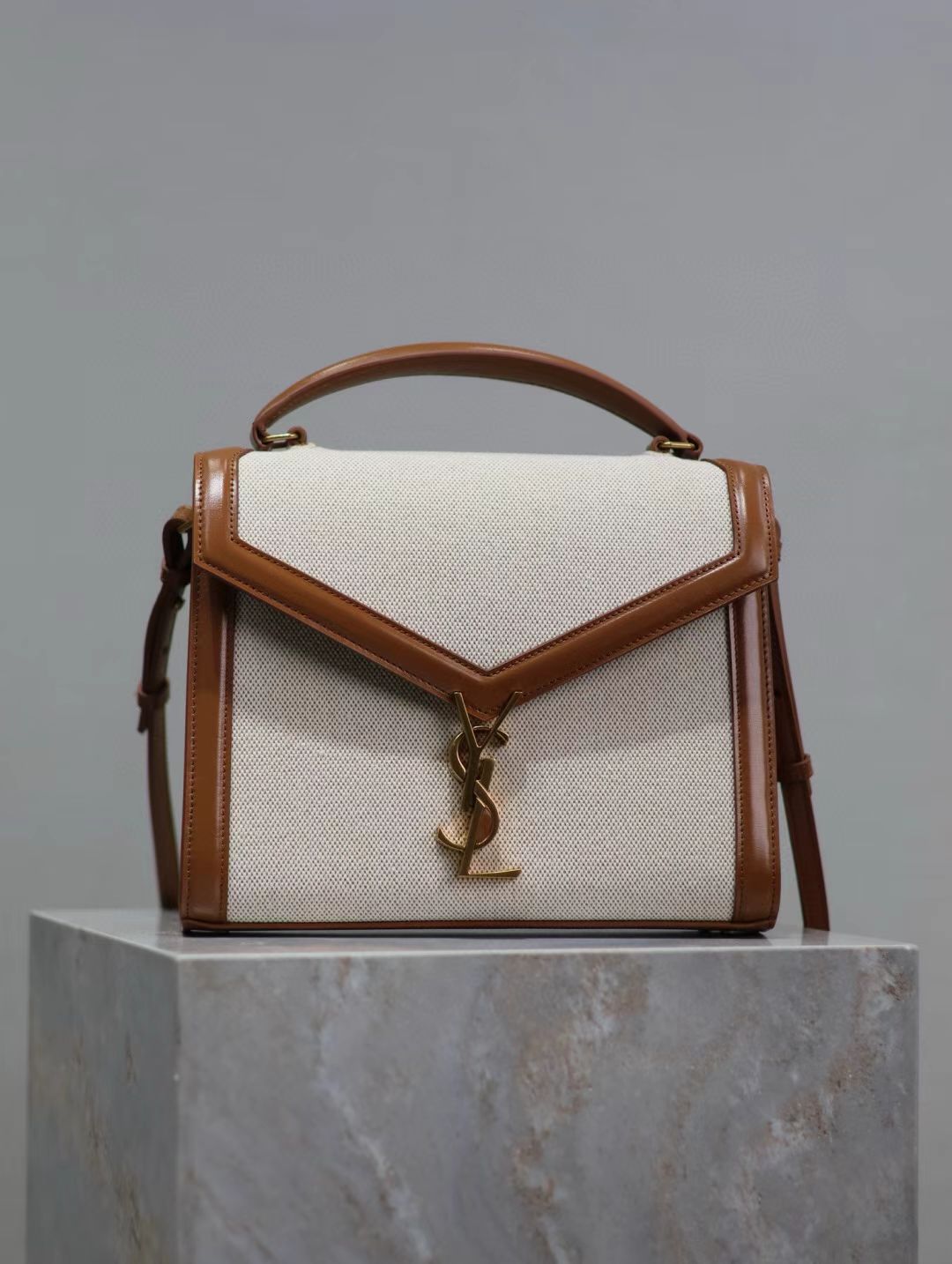 Saint Laurent Calfskin Briefcase in Earth Tone with Gold Hardware