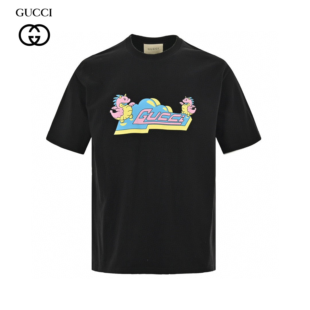 G*u*i black t-shirt with pink dinosaur graphic