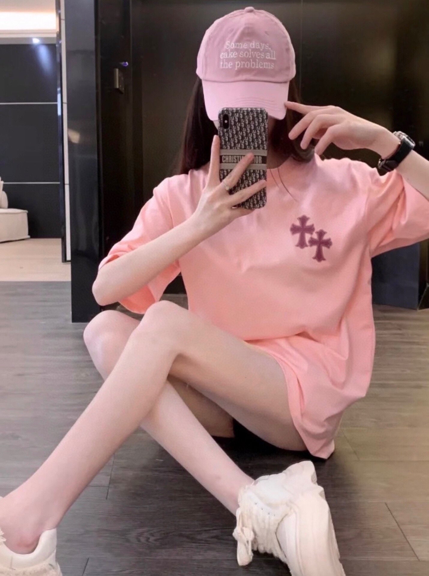 Chrome Hearts Pink T-shirt with Cross Patches