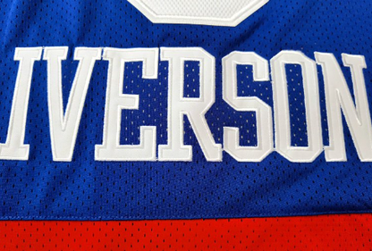 Allen Iverson 76ers Throwback Jersey, Philadelphia 76ers throwback jersey, basketball fan apparel, NBA history merchandise, Allen Iverson name and number jersey, red, white, and blue 76ers jersey, iconic basketball apparel, vintage sports gear, Allen Iverson fan jersey, 76ers legacy.