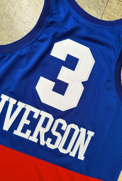 Allen Iverson 76ers Throwback Jersey, Philadelphia 76ers throwback jersey, basketball fan apparel, NBA history merchandise, Allen Iverson name and number jersey, red, white, and blue 76ers jersey, iconic basketball apparel, vintage sports gear, Allen Iverson fan jersey, 76ers legacy.