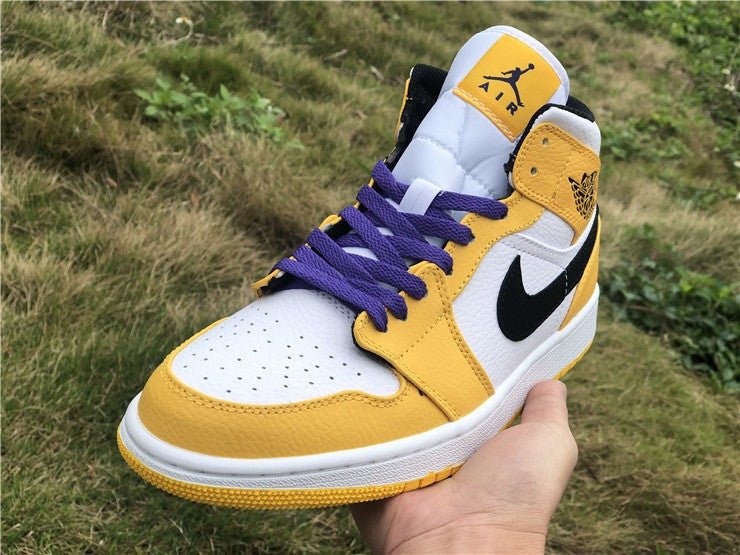 White purple outlet and yellow jordans