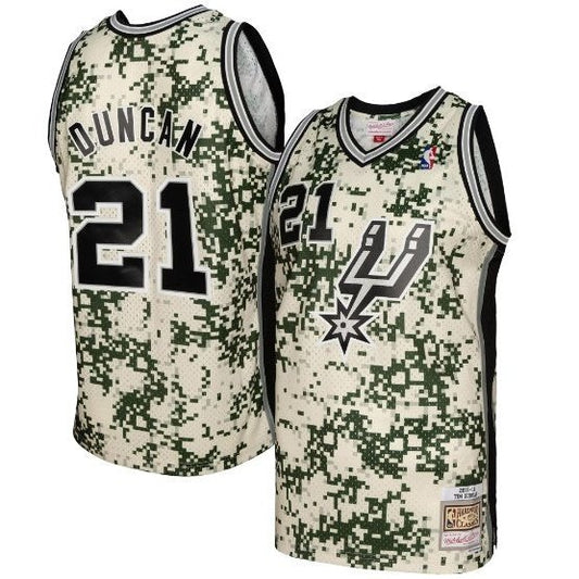 TIM DUNCAN SAN ANTONIO SPURS CAMO THROWBACK JERSEY (HEAT APPLIED) - Prime Reps